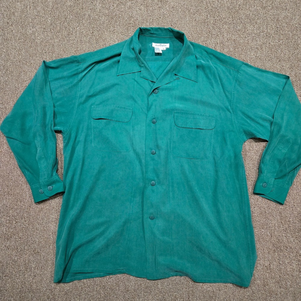 Ann Taylor 100% Silk Button Down Shirt Women Large Green Loop Collar Long Sleeve